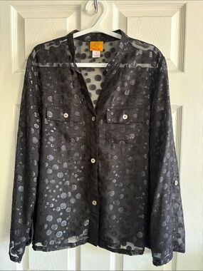 Ruby Rd. Black Sheer Dot-Pattern Button Down Shirt